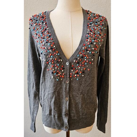 MOTH Cardigan Sweater Pom Pom Cotton Cashmere Blend Knit  Gray Womens Small - Picture 1 of 7